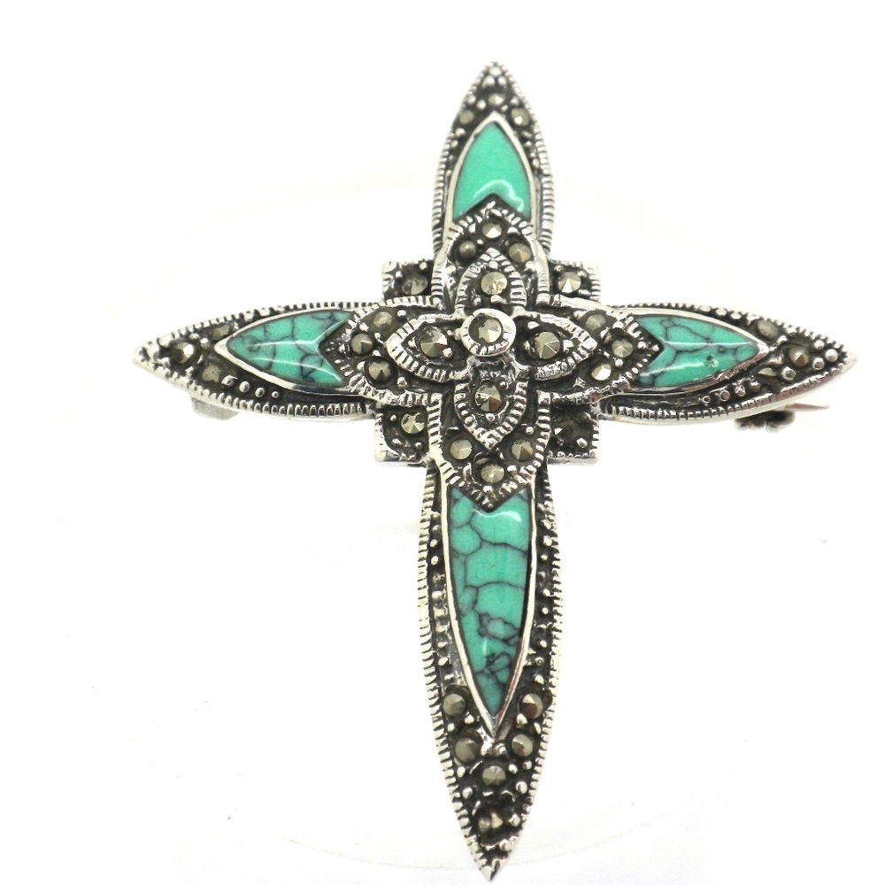 925 Genuine Turquoise Marcassite Cross Brooch